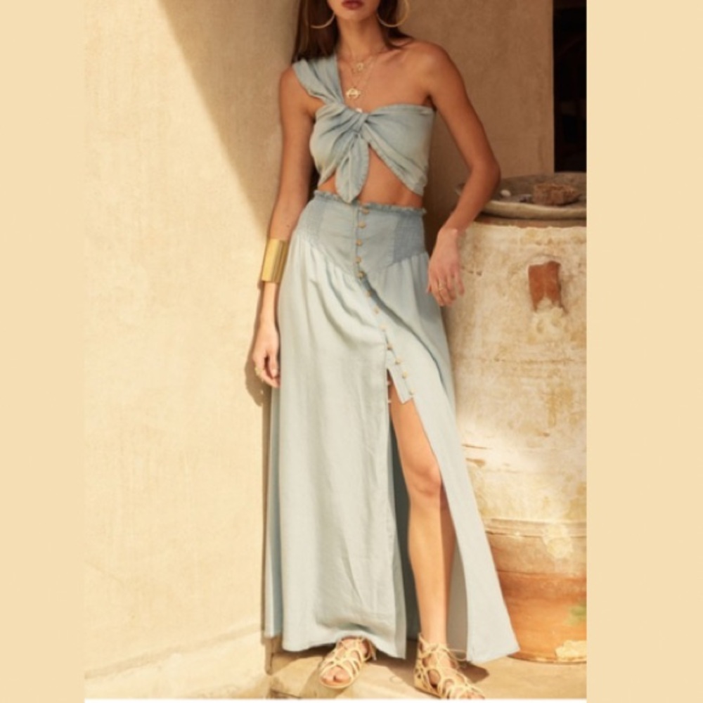 New Chambray Denim Smocked Maxi Skirt - Picture 7 of 8